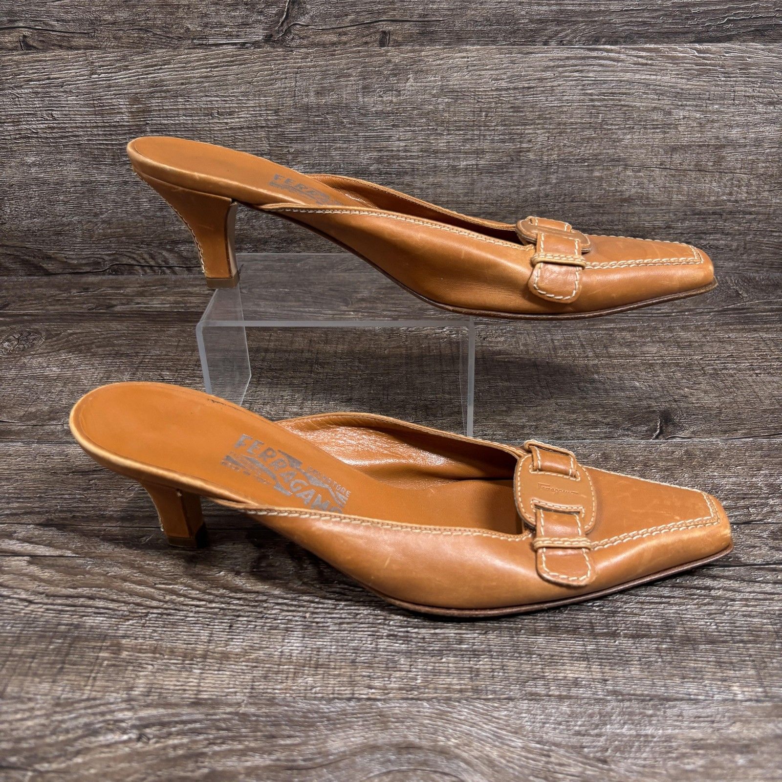 Salvatore Ferragamo Lilea Mule Heels Women's 7.5 Brown Leather Made In Italy